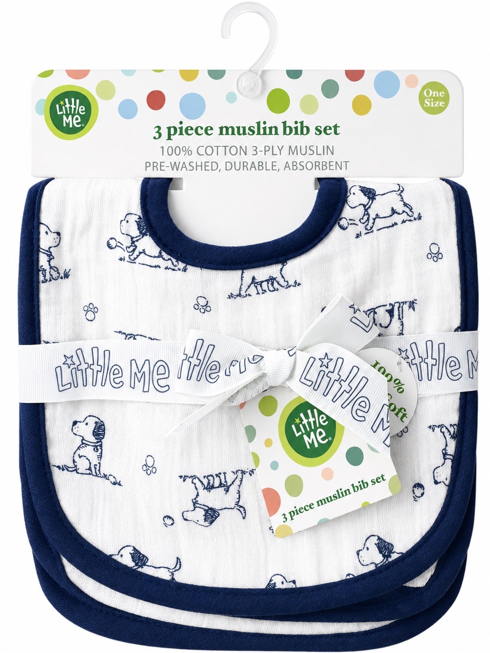 Little Me White Muslin Bib Set with Navy Trim - 3 Pack